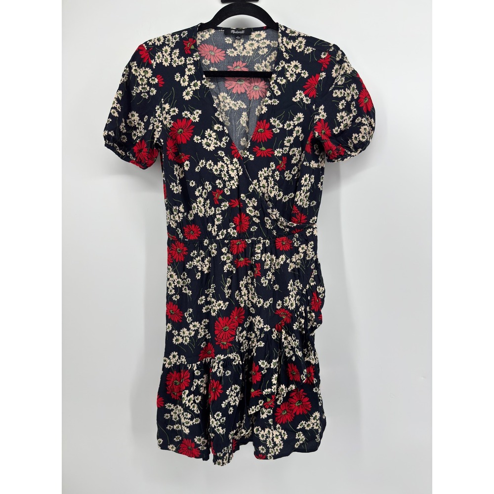 Madewell Floral Wrap Mini Dress Navy Blue Red White Daisy Ruffle Hem Size 4